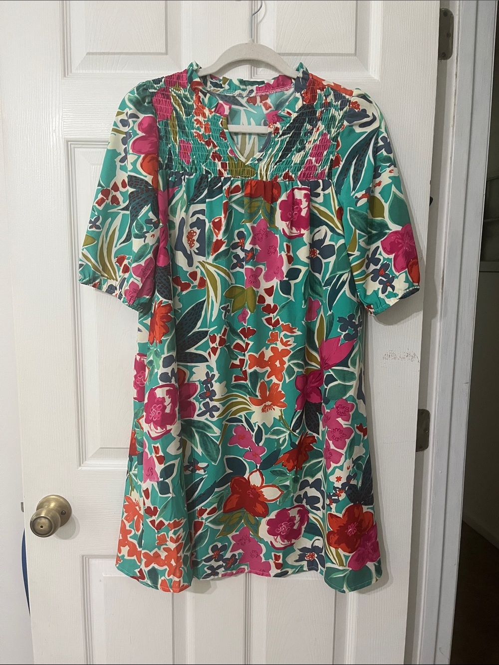 Floral Smocked Yoke Shift Dress - Teal & Multicolor